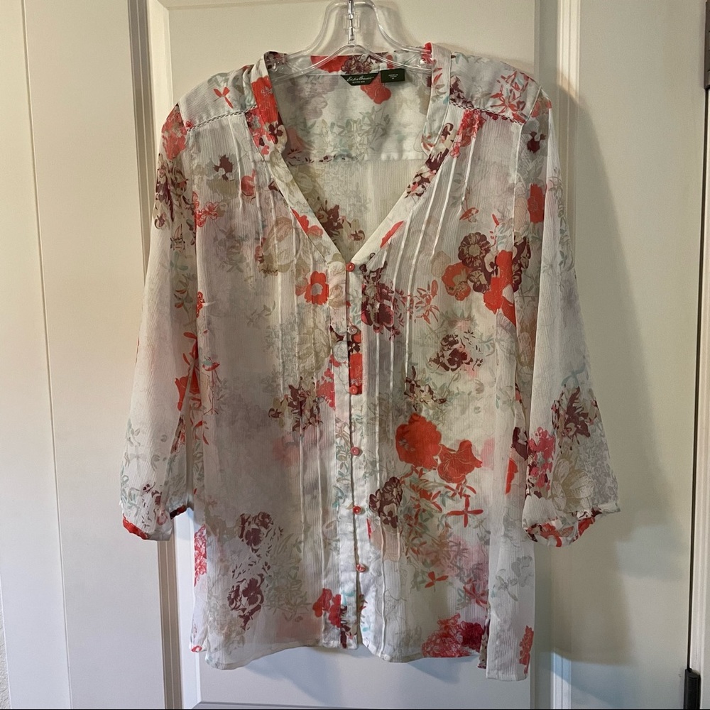 Womens Eddie Bauer Sheer Top w/3/4 Sleeves White/Coral Floral Size M